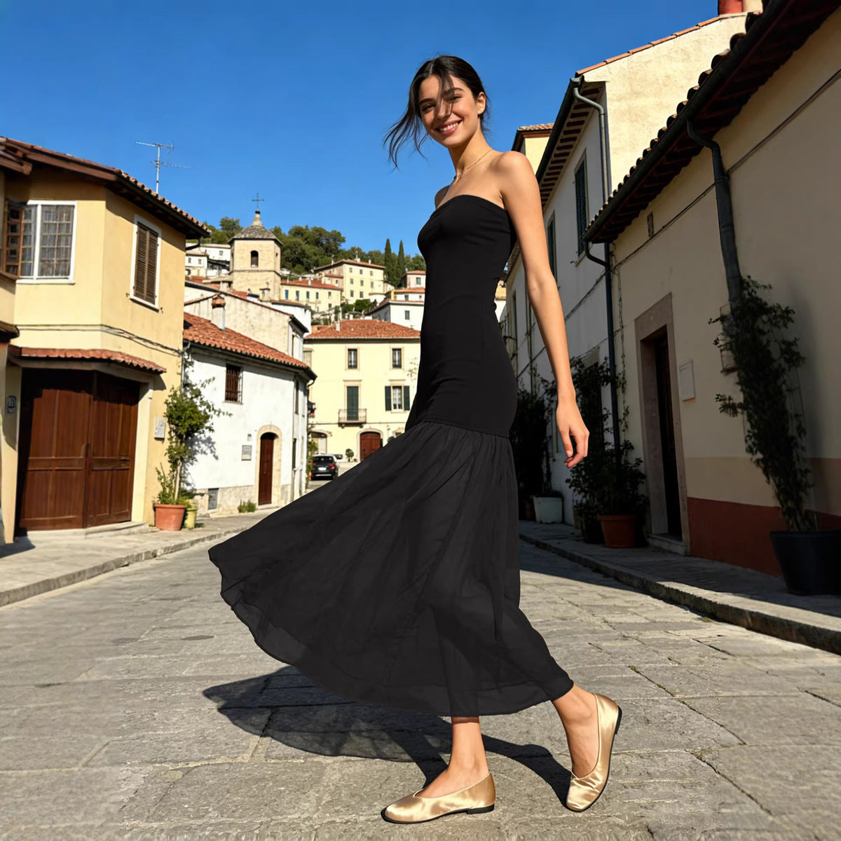 Women's Sexy Mesh Stitching Strapless Maxi Dress