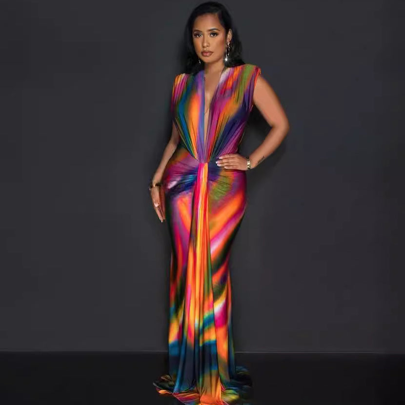 Women's Summer Sexy V-Neck Color Block Print Slim-Fit Maxi Dress