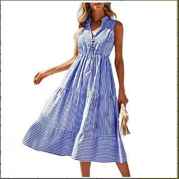 Women's Casual Stripe Print V-Neck Sleeveless Midi Dress