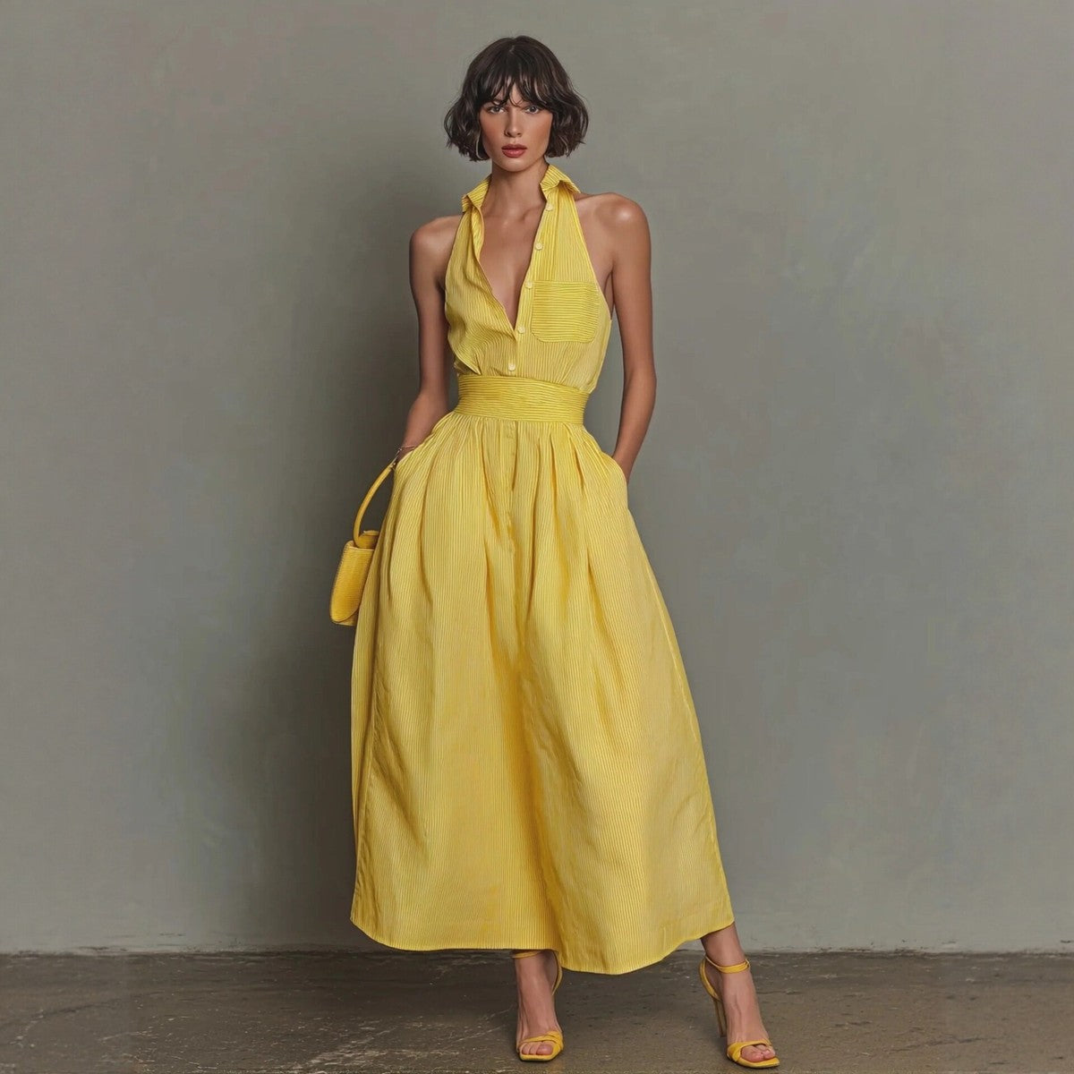 Women's Casual Stripe Lapel Sleeveless Maxi Dress