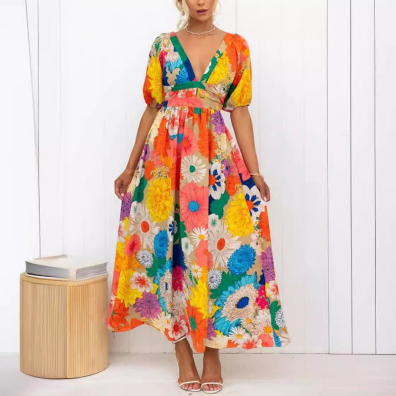 Women's Casual Printed V-Neck Puff Sleeve Vacation Maxi Dress