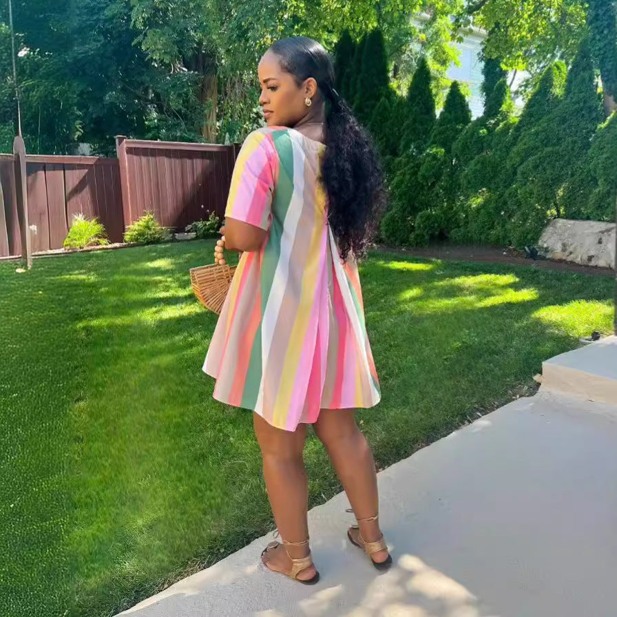 Women's Casual Multicolor Stripe Print Round Neck Short Sleeve Princess Dress