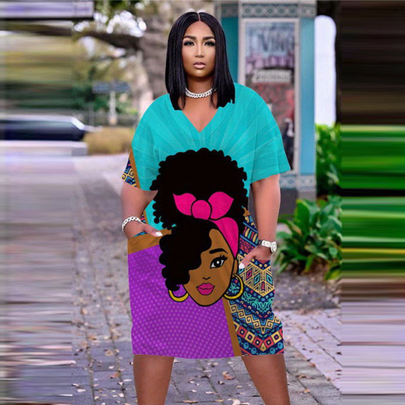 Women's Multicolor Human Avatar Printed V-Neck Short Sleeve Mid-Length Dress