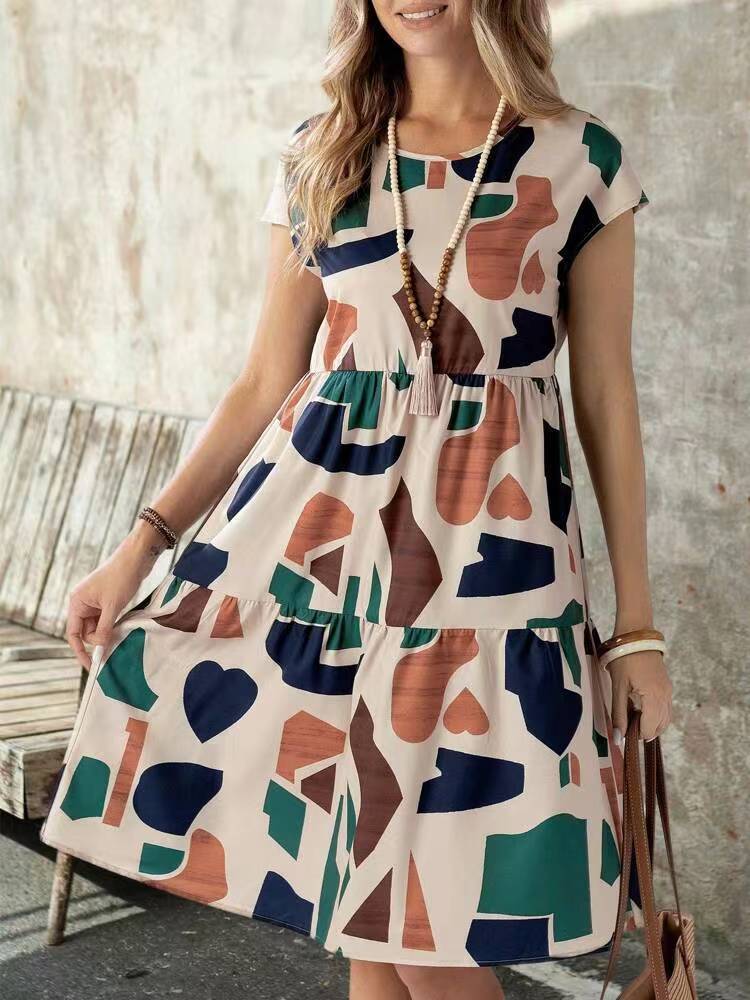 Women's Casual Printed Loose Midi Dress with Splice Skirt, Design