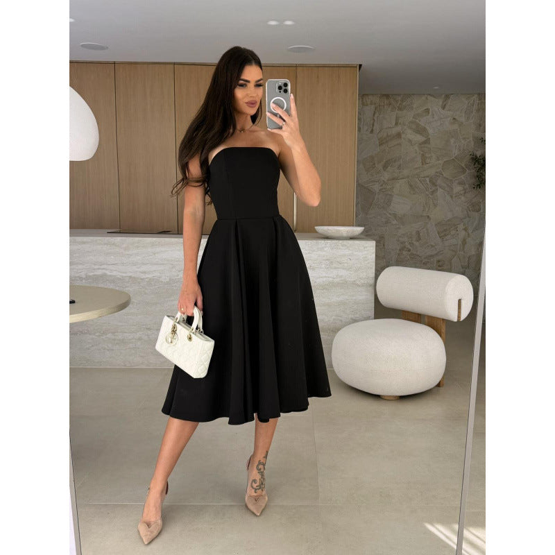 Women's Solid Color Tube Midi Dress, Socialite Style