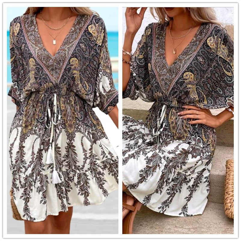 Women's Western Summer Casual V-Neck 3D Graphic Printing Dress