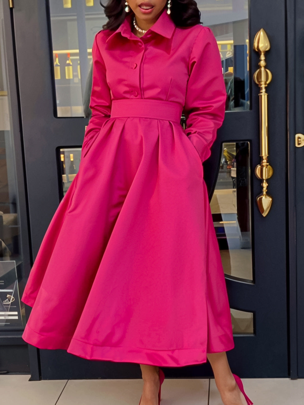 Women's Plus Size Large Swing Solid Color Lapel Long Sleeve A-Line Midi Dress