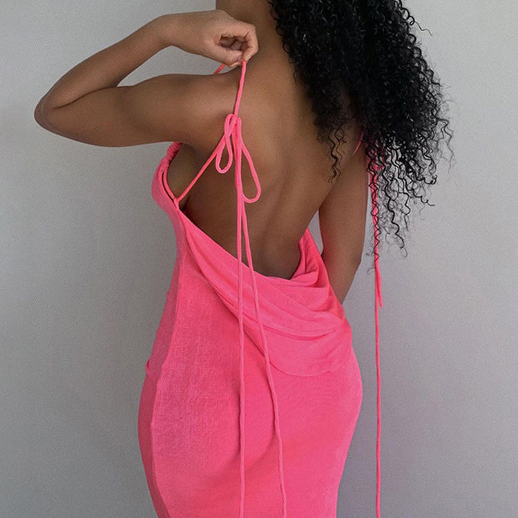 Women's Sexy Backless Lace-Up Halter Neck Slim Maxi Dress