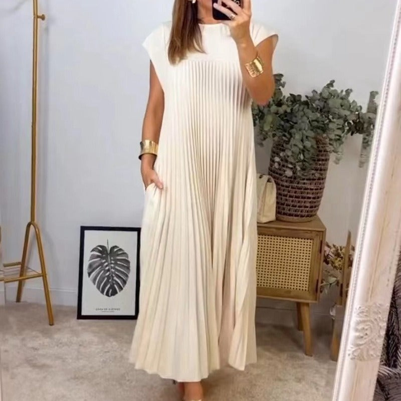 Women's Casual Elegant Round Neck Sleeveless Pleated Maxi Dress