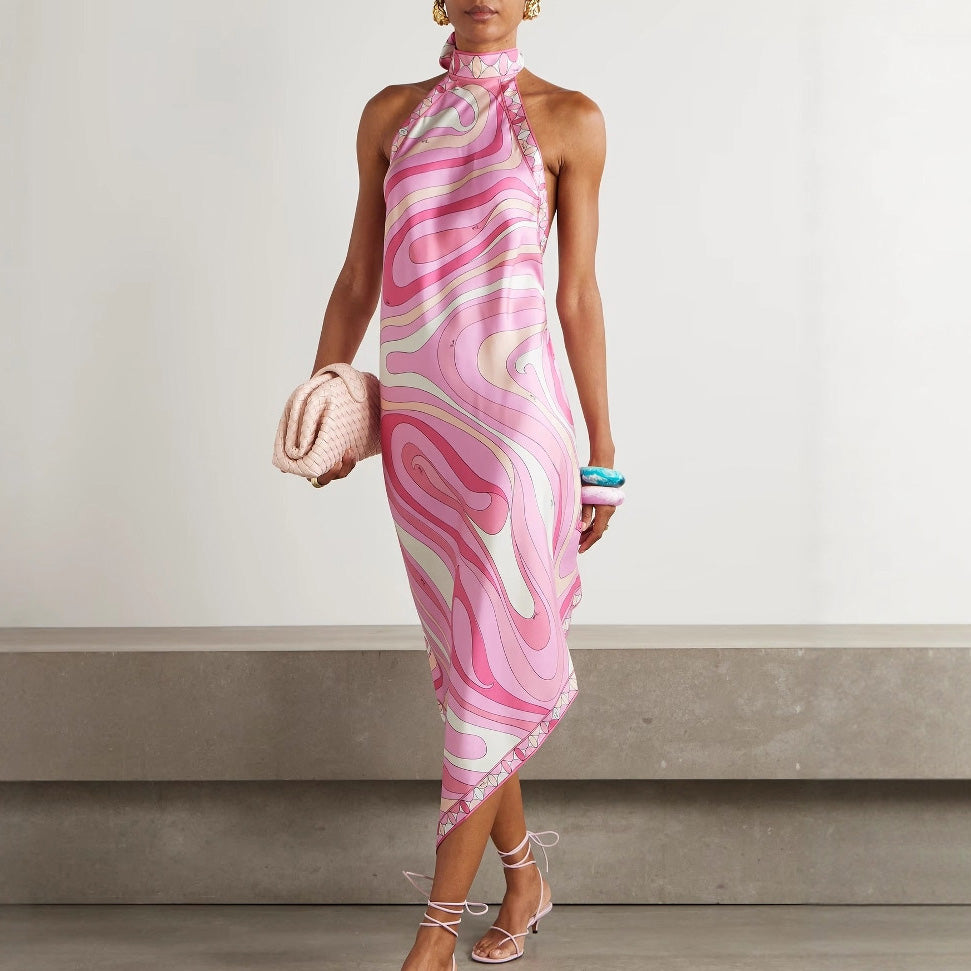 Women's Sexy Irregular Printed Satin Halter-Neck Backless Dress