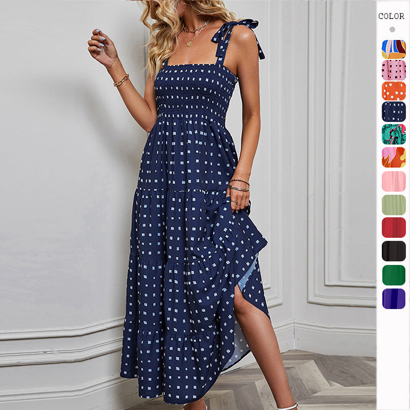 Women's Vacation Casual Backless Printed Strap Maxi Dress