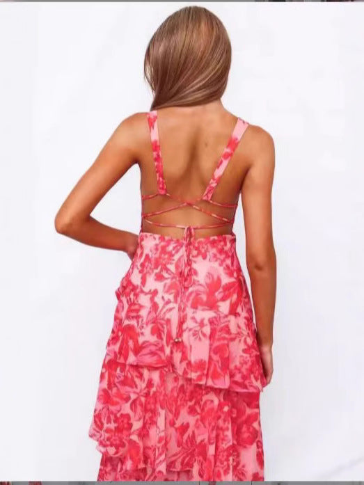 Women's Sexy Chiffon Ruffled Floral Printed V-Neck Sleeveless Slim-Fit Dress