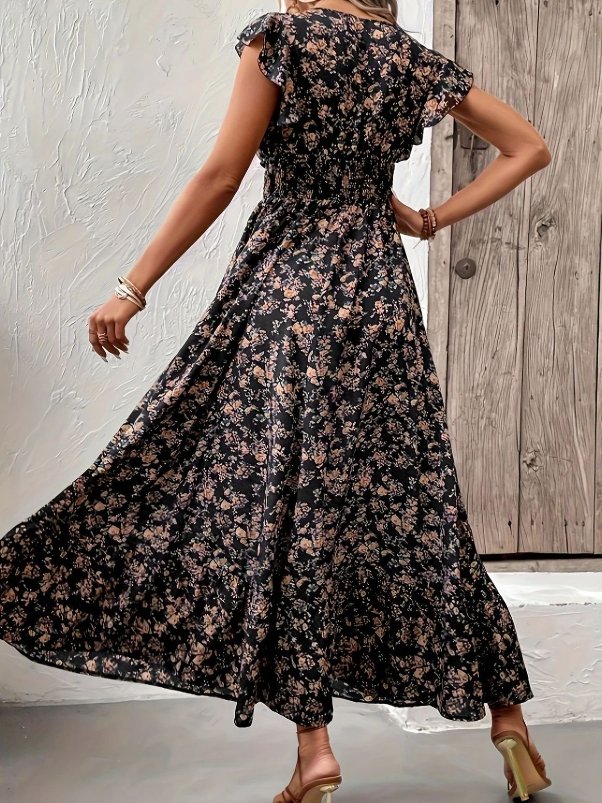 Women's Casual Summer Flower Print V-Neck Short Sleeve A-Line Loose Dress
