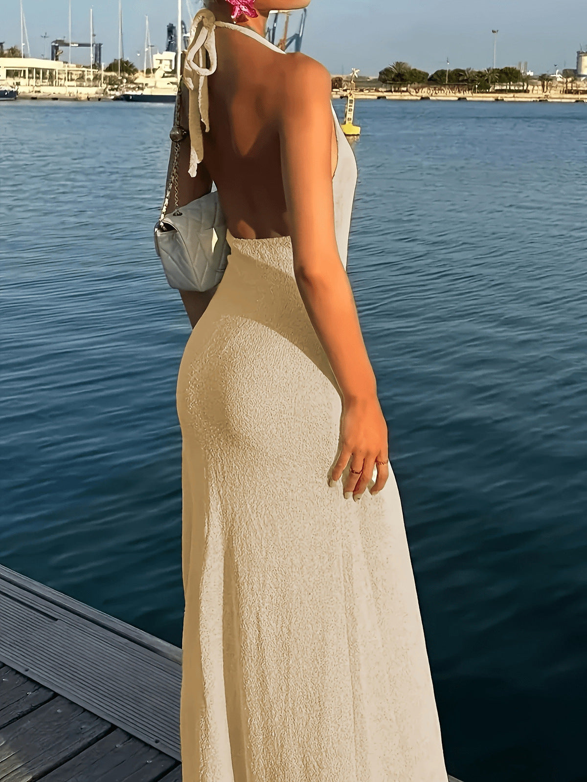 Women's Sexy Solid Color Halter-Neck Deep V-Neck Backless Split Knit Maxi Dress
