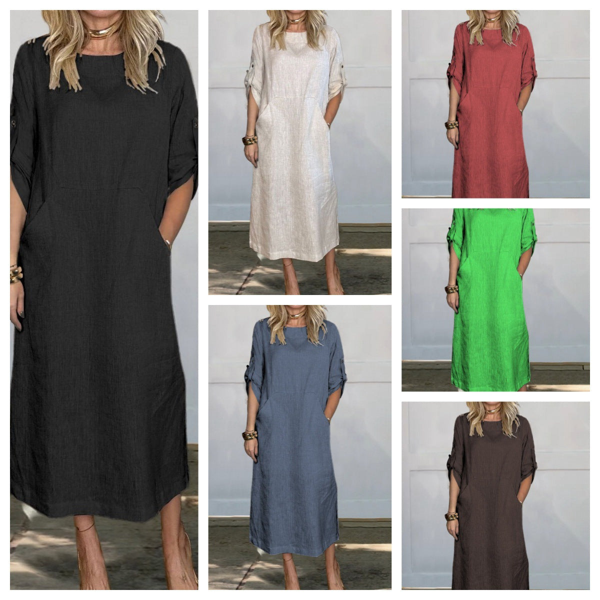 Women's Solid Color Round Neck Short Sleeve Pocket Cotton Linen Maxi Dress