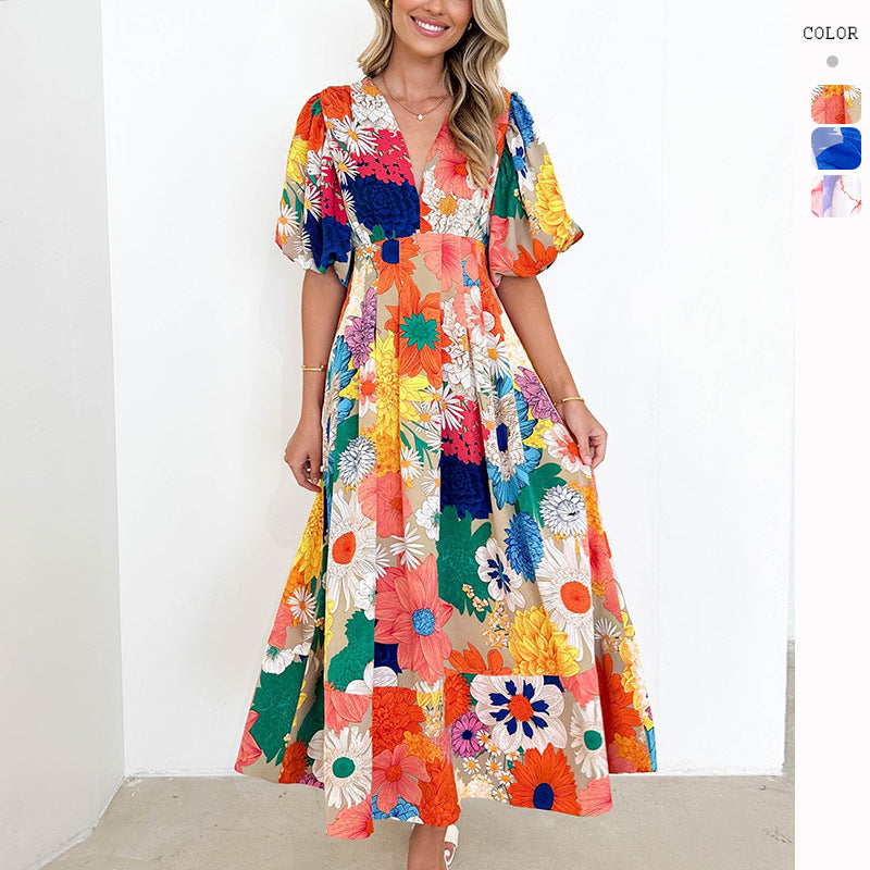 Women's Vacation Casual Floral Print Puff Sleeve Maxi Dress