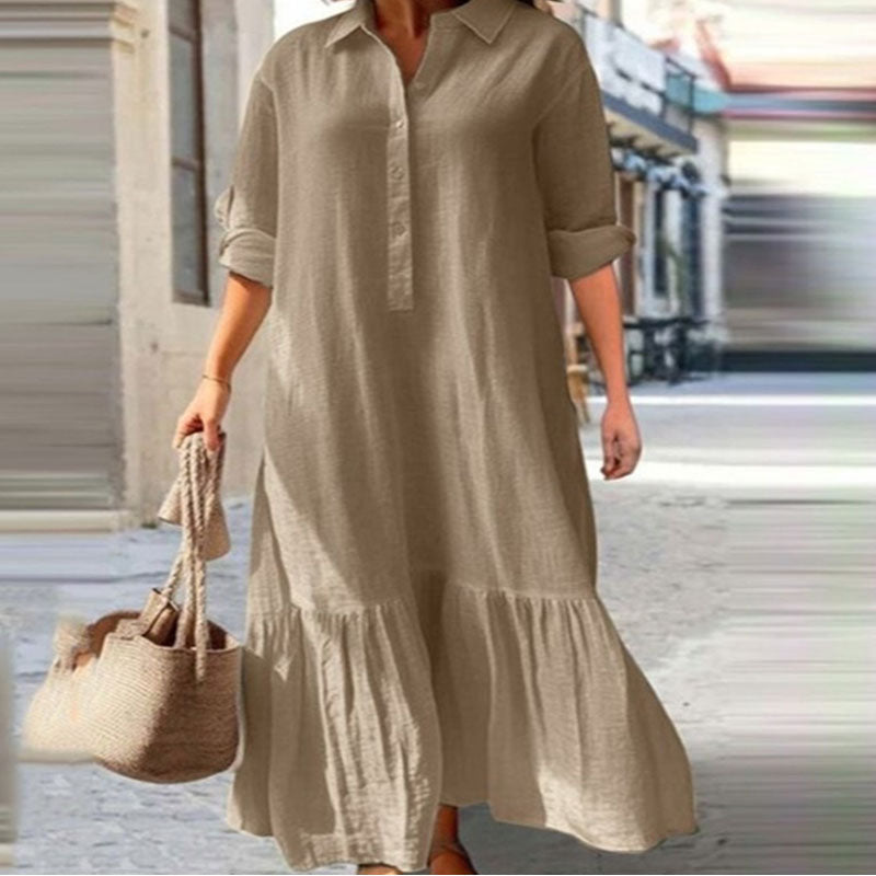 Women's Casual Plus Size Cotton Linen Lapel Maxi Dress