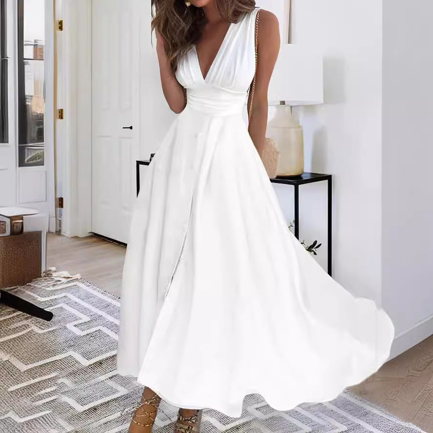 Women's Elegant Solid Color V-Neck Maxi Dress