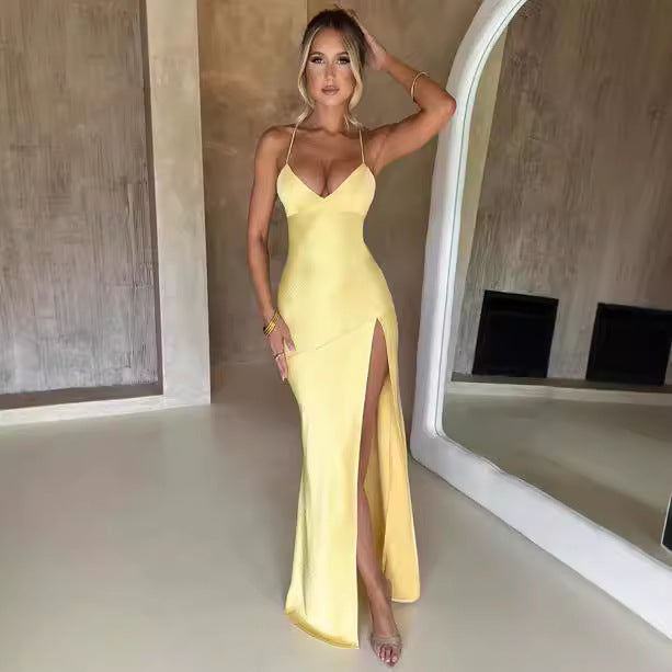 Women's Summer Spaghetti Strap Solid Color Satin Backless Side-Slit Maxi Dress