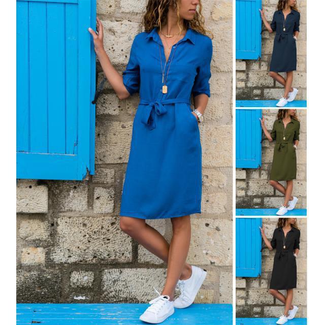 Women's Casual Three-Quarter Sleeve Shirt Lace-Up Dress