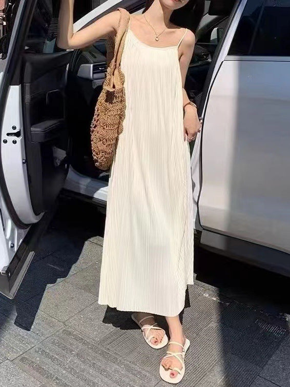 Women's Casual Solid Color Loose Pleated Sling Maxi Dress