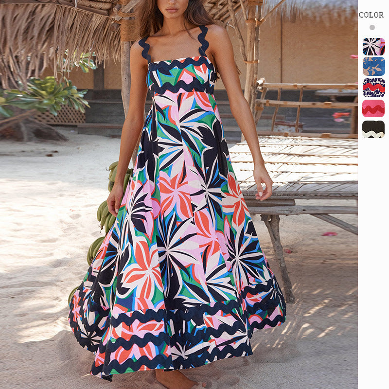 Women's Bohemian Retro Printed Maxi Dress, Sleeveless Square