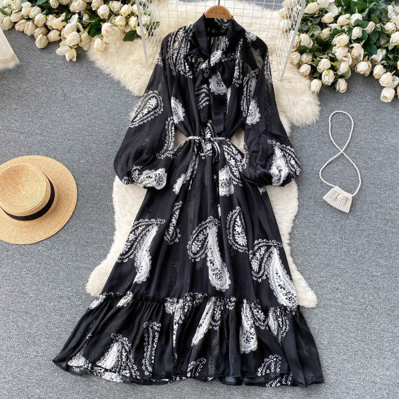 Vintage Floral Paisley Leaf Leopard Printed Bohemian Women Ruffled Pleated Dress