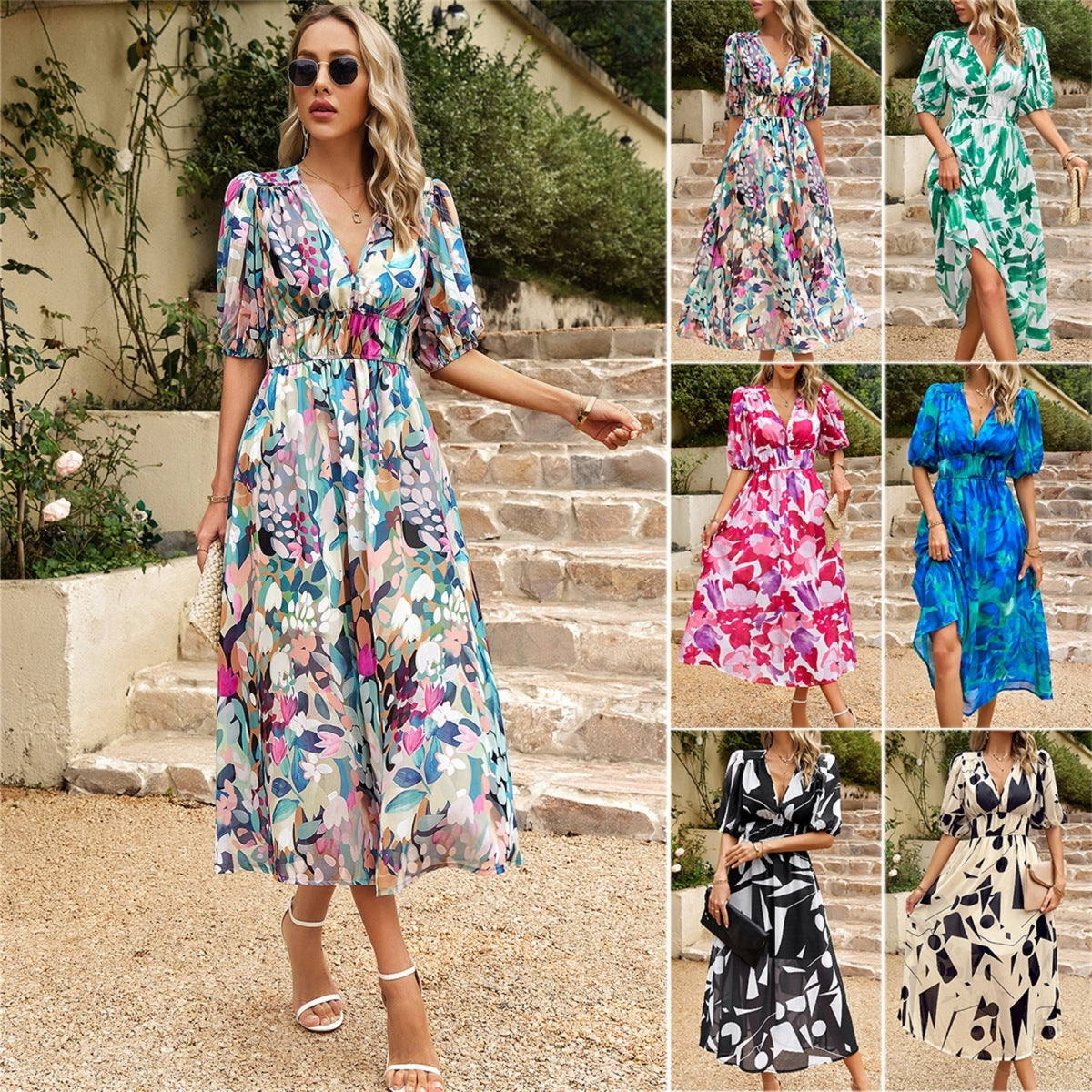 Women's Summer Casual V-Neck Floral Print Short Sleeve Maxi Dress