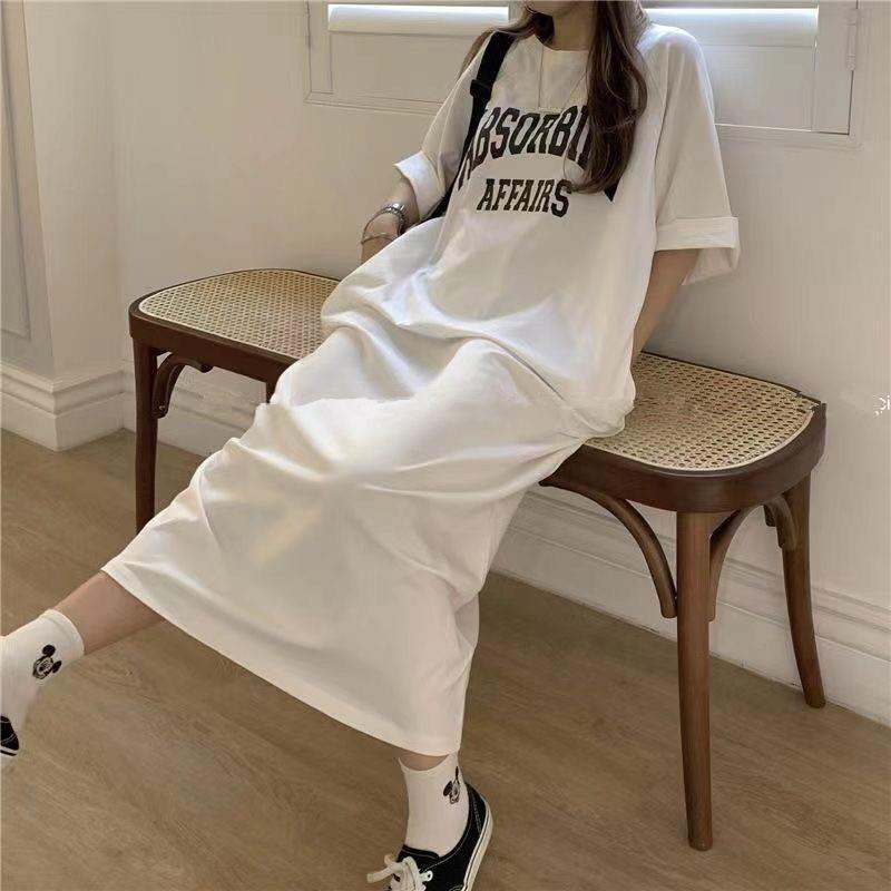 Women's Casual Loose Crewneck Alphabet Print Maxi Dress