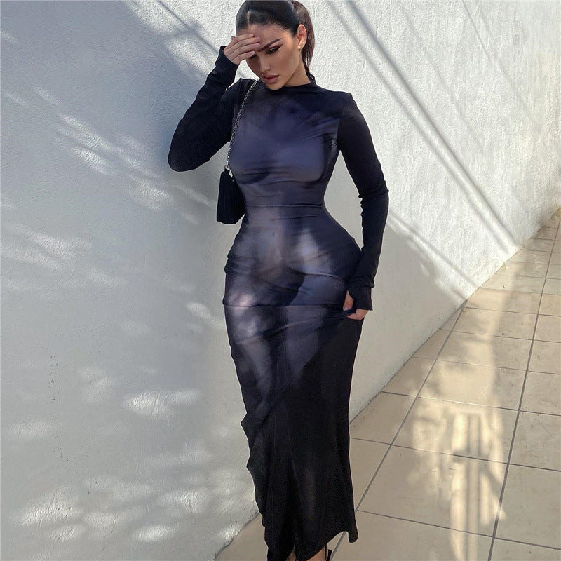 Women's Sexy 3d Body Art Print Round Neck Long Sleeve Slim Fit Tight Maxi Dress