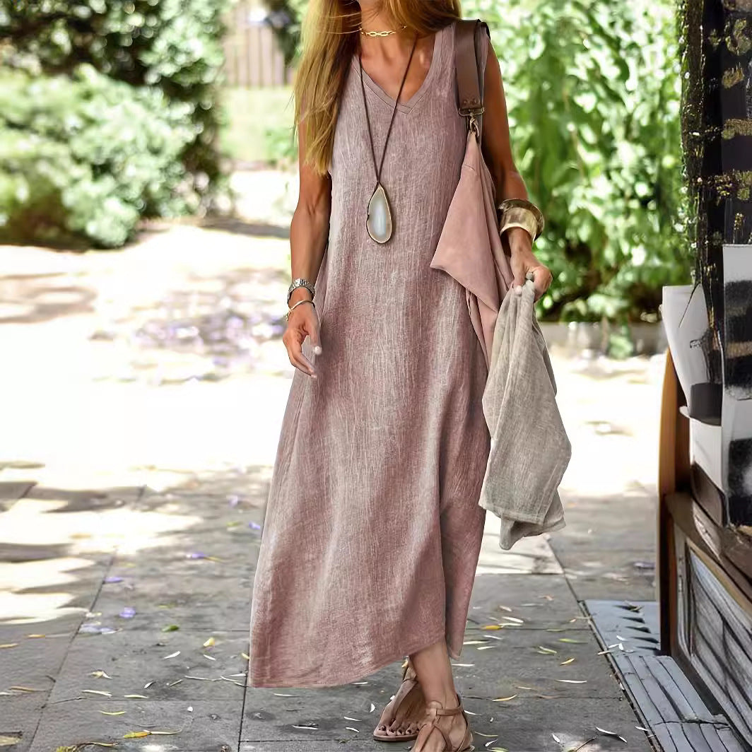 Women's Casual Cotton Linen V-Neck Sleeveless Loose Maxi Dress