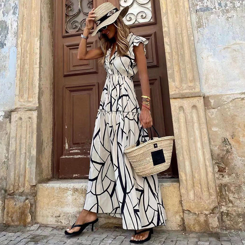 Women's Vacation Casual Geometric Print V-Neck Ruffled Maxi Dress