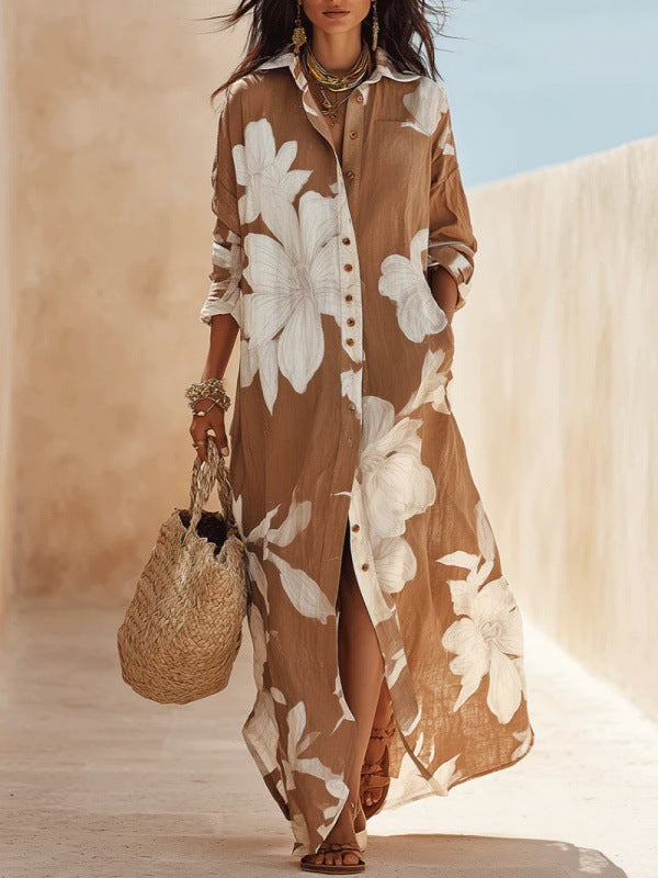 Women's Casual Flower Printed Long Sleeve Split Loose Dress