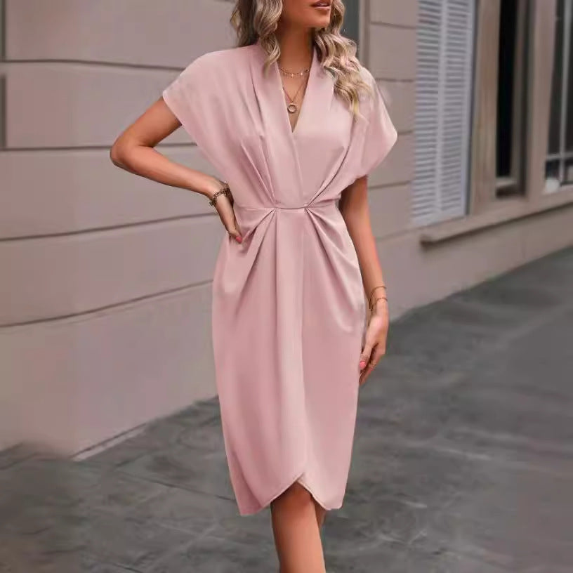 Women's Casual Polyester Midi Dress, with V-Neck