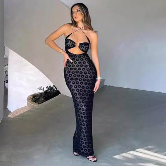Women's Sexy Printed Hollow Perspective Halter-Neck Slim Fit Maxi Dress
