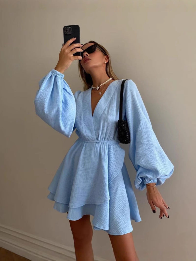 Women's Casual Solid Color V-Neck Long Sleeve Waist Loose A-Line Dress
