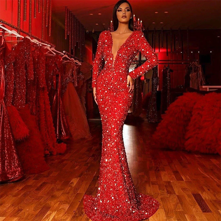 Women's Sexy Tight Deep-V-Neck Long Sleeve Sequin Fishtail Trim Dress