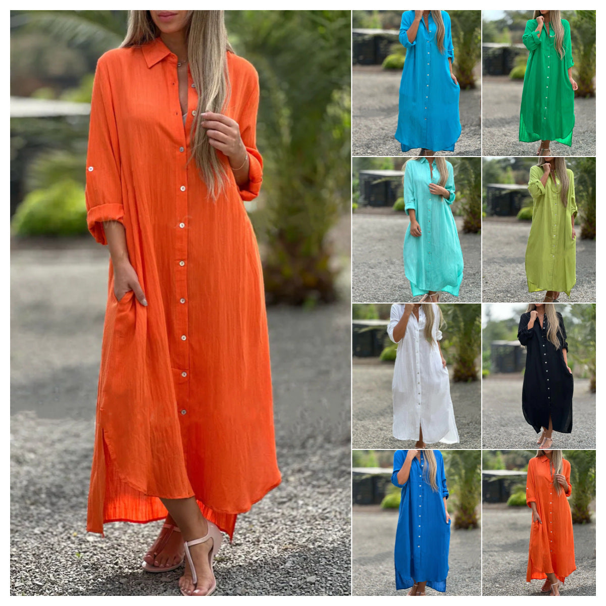 Women's Casual Cotton Linen A-Line Maxi Dress, Long Sleeve
