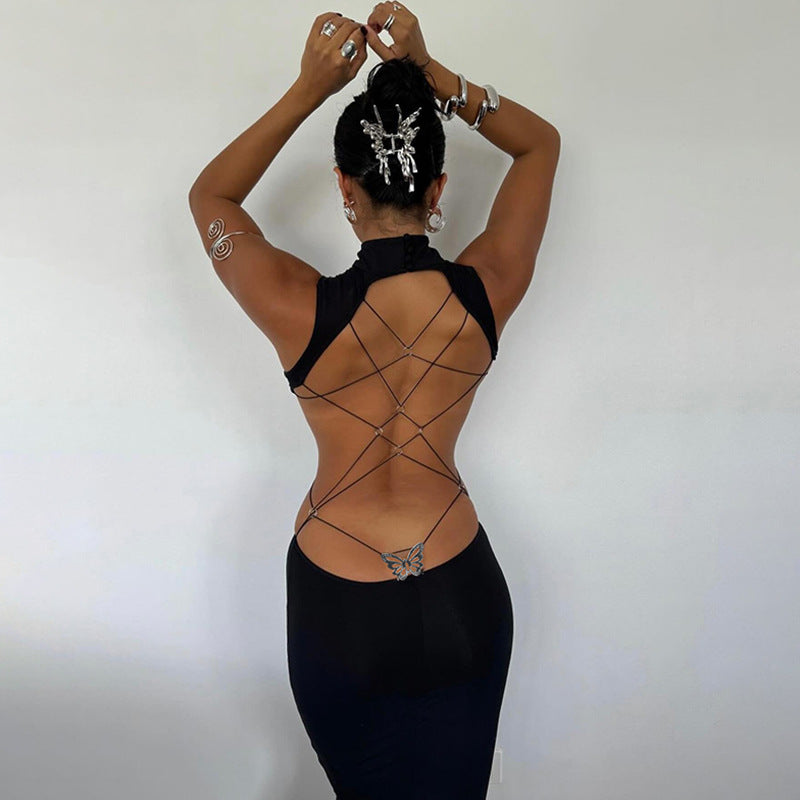 Women's Summer Sexy Round Neck Sleeveless Backless Butterfly Tight Maxi Dress