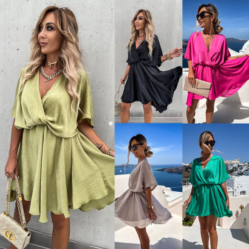 Spring Summer Solid Color Satin Loose Casual Vacation V-Neck Dress