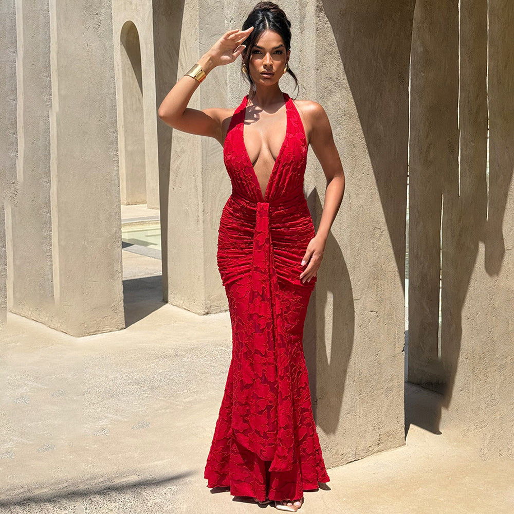 Women's Sexy Backless Lace-Up Deep V-Neck Pleated Fishtail Maxi Dress