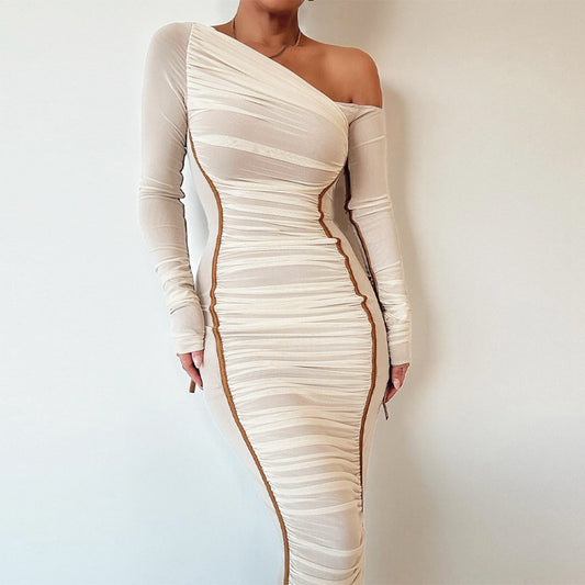 Women's Sexy Oblique Shoulder Mesh Long Sleeve Tight Dress