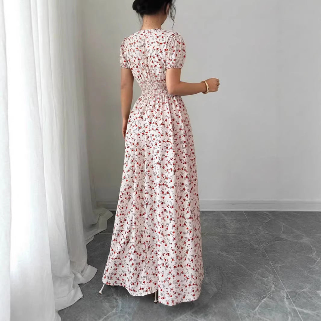 Women's Casual Summer Flower Printed V-Neck Short Sleeve A-Line Dress