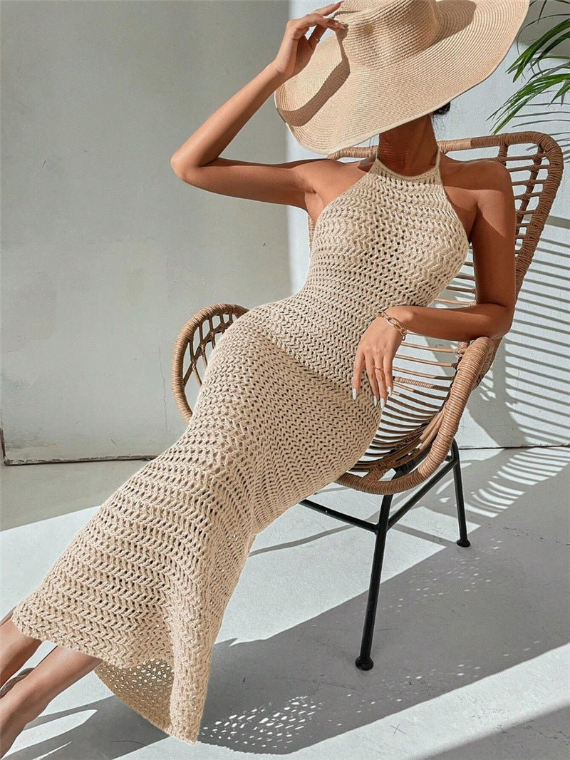 Women's Sexy Solid Color Hanging Neck Backless Knitted Hollow Maxi Dress