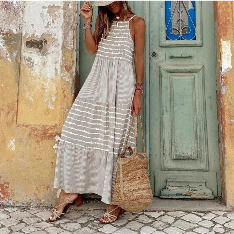 Women's Boho Vintage Suspender Round Neck Large Swing Maxi Dress