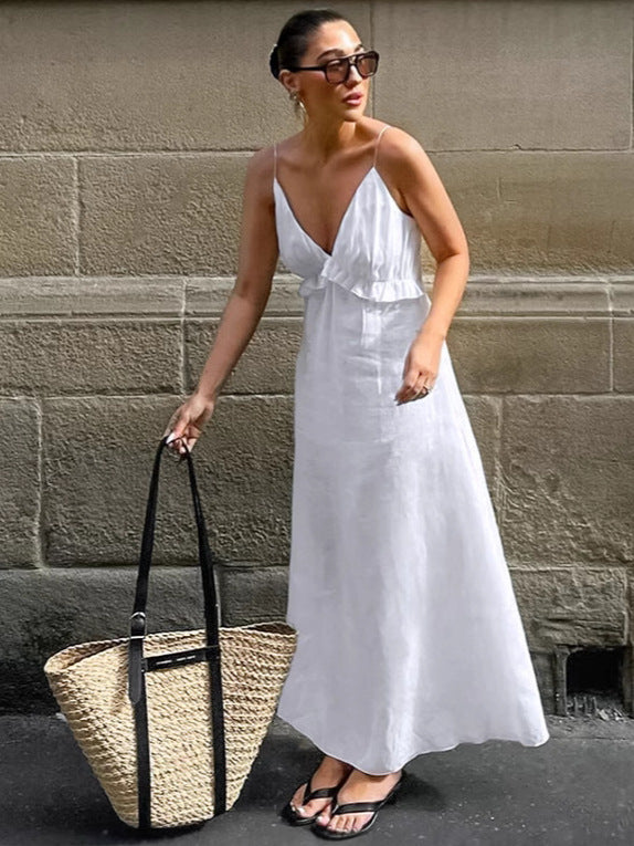 Women's Casual Solid Color Cotton Linen V-Neck Ruffled Loose Maxi Dress