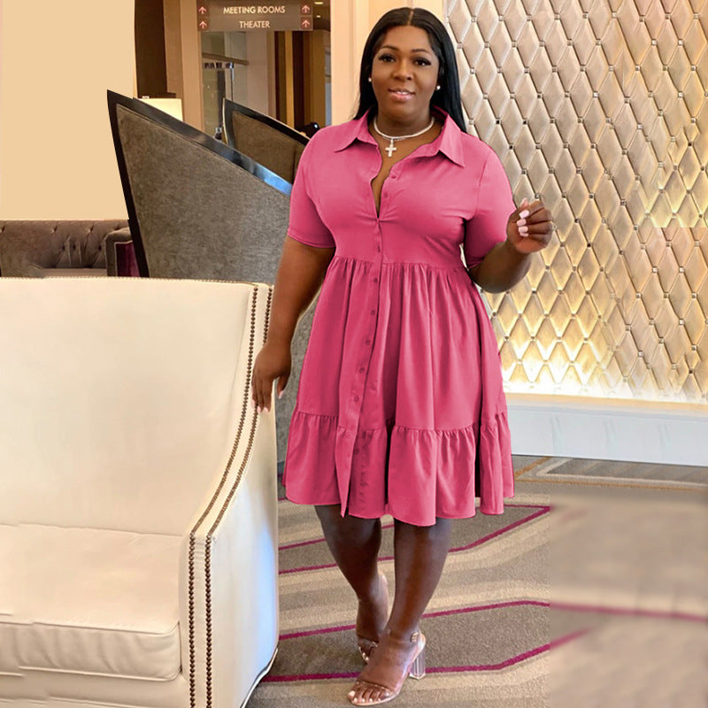 Women's Summer Casual Plus Size Lasel Single-Breasted Short Sleeve Shirt Dress