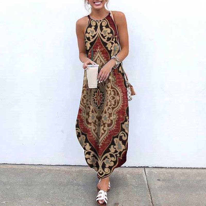 Women's Summer Boho Style Paisley Print Halter Neck Maxi Dress