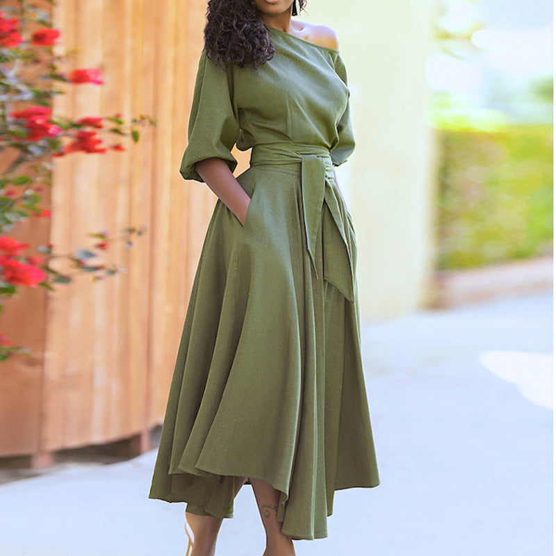 Women's Casual Slant Shoulder Solid Color Large Swing Midi Dress