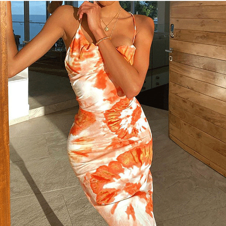 Women's Sexy Summer Tie-Dye Printed Spaghetti Strap Cross Strap Dress